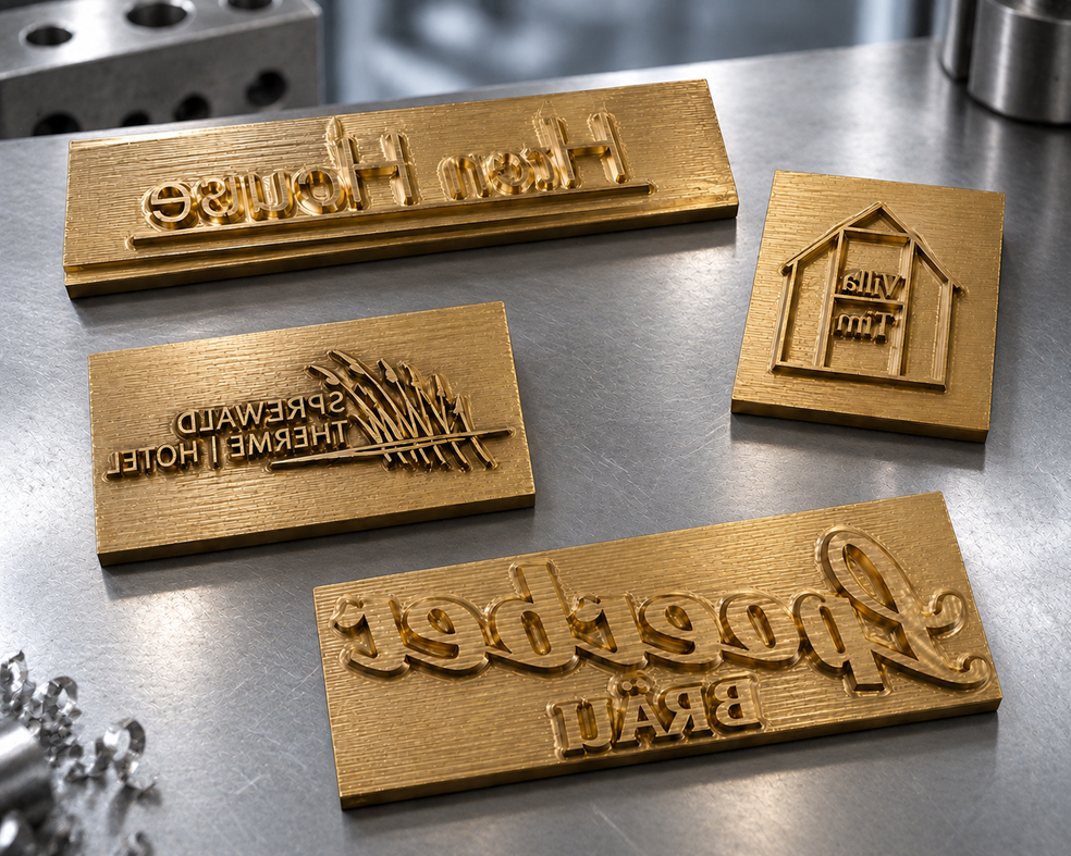 Individuelle Messingstempel und Messingprägestempel mit Logo und Schriftzug für Heißprägung und Blindprägung